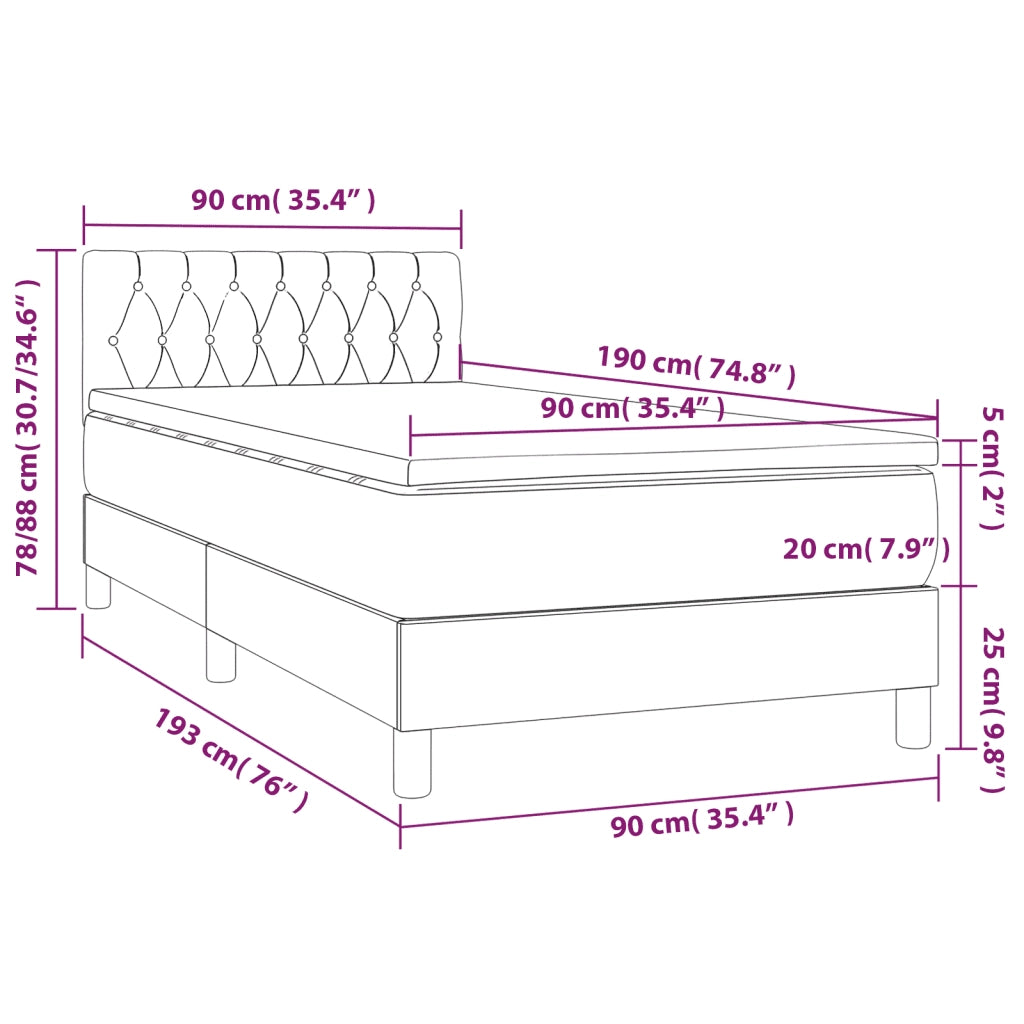 Letto a Molle con Materasso e LED Grigio Scuro 90x190cm Velluto 3134556
