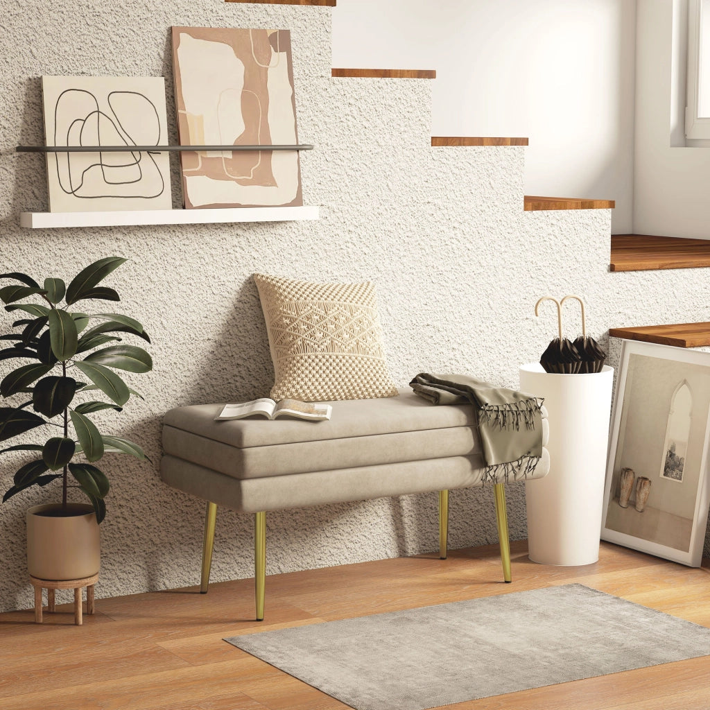 Pouf con contenitore ¨C Minimal ¨C beige velluto 79.5x37.5x43 cm