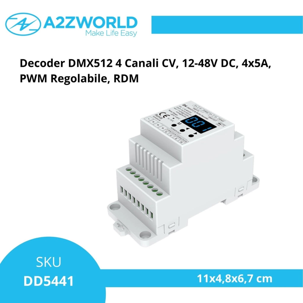 Decoder DMX512 4 Canali CV, 12-48V DC, 4x5A, PWM Regolabile, RDM