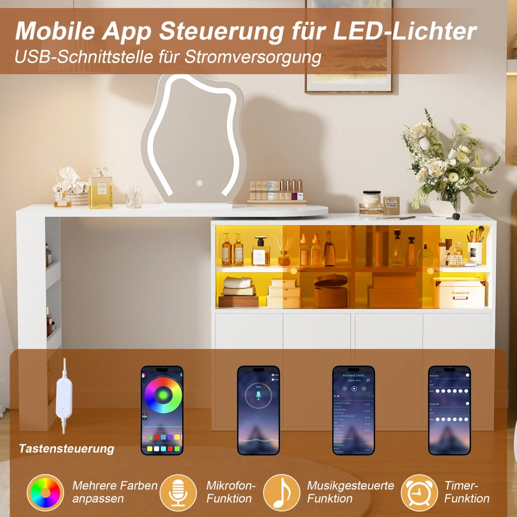 TOELETTO Girevole con specchio LED 177x40x131,5 cm Bianco