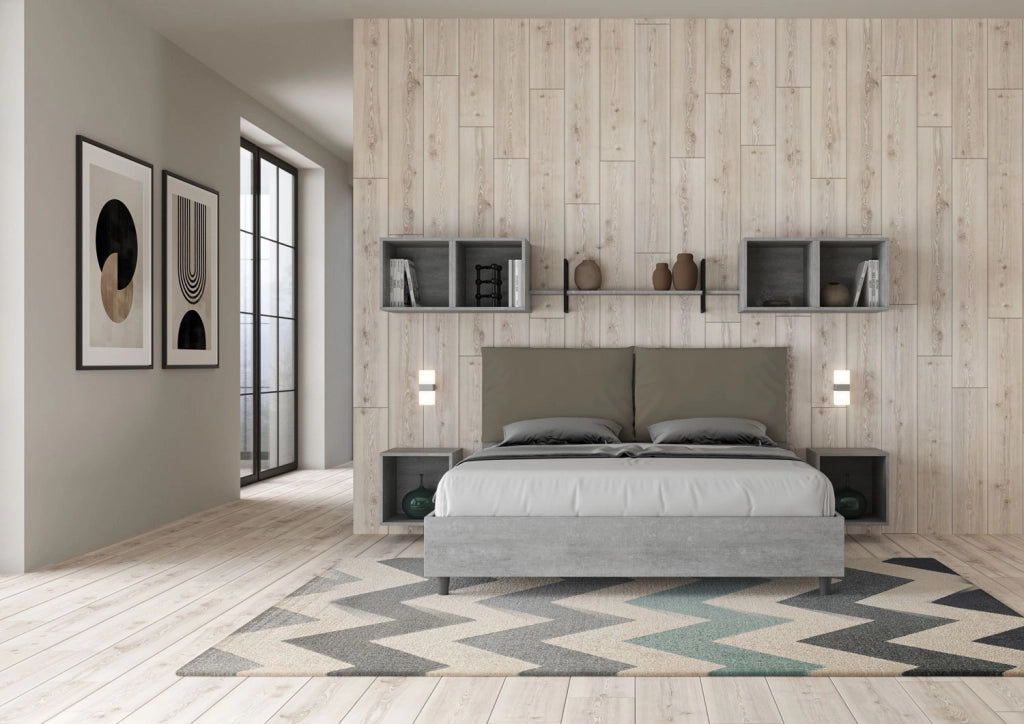 BS COM Letto matrimoniale con rete 160x200 Cemento cuscini similpelle cappuccino