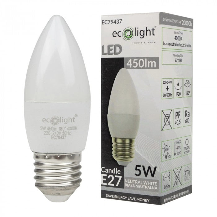 Lampadina LED candela E27 5W 4000K 450lm Ecolight