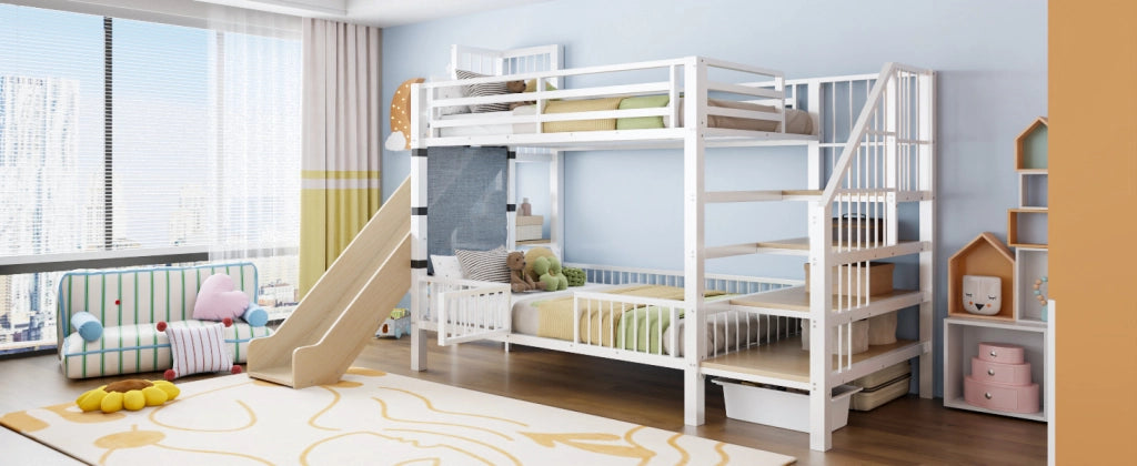Letto a soppalco in metallo 90*200CM bianco; scivolo; riporzione; scaffali; letto per bambini sicuro e che fa risparmiare spazio