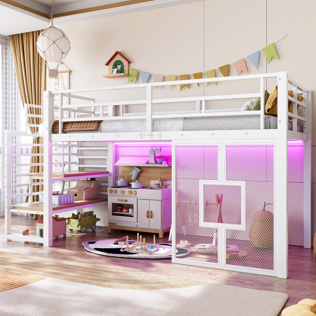 Letto a soppalco in metallo 90x200 cm con scala contenitore, LED e finestre, bianco