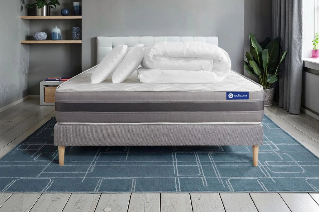 Pacchetto letto completo - Materasso 140x190cm + Box spring con doghe (in kit) + 2 cuscini + Piumino - Actilatex Relax