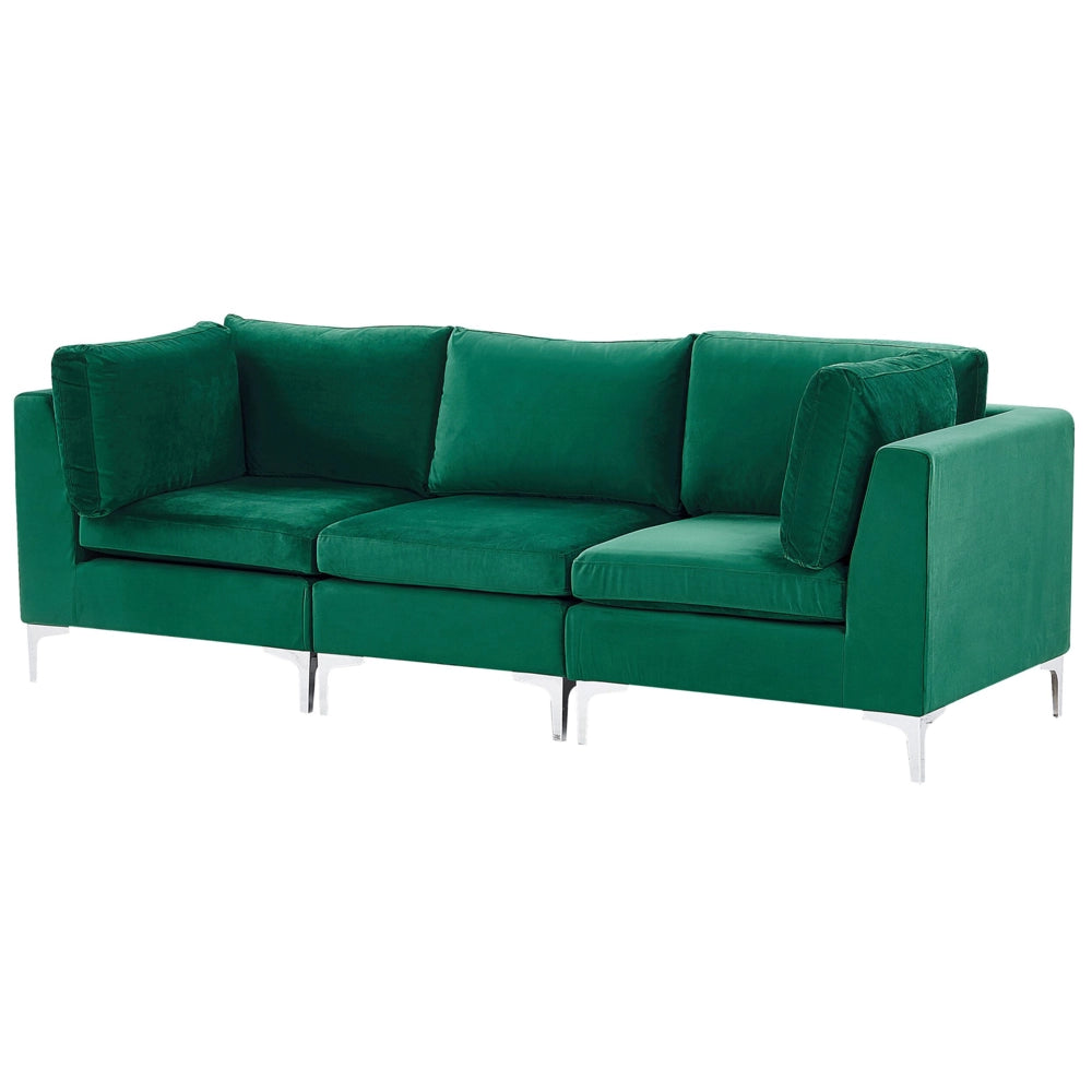 Divano Componibile Velluto Verde 3 Posti Gambe In Metallo Argento Stile Glamour