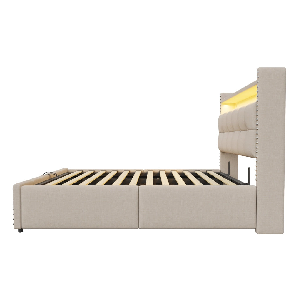 LETTO Imbottito 180x200 cm Beige con LED, USB e contenitore