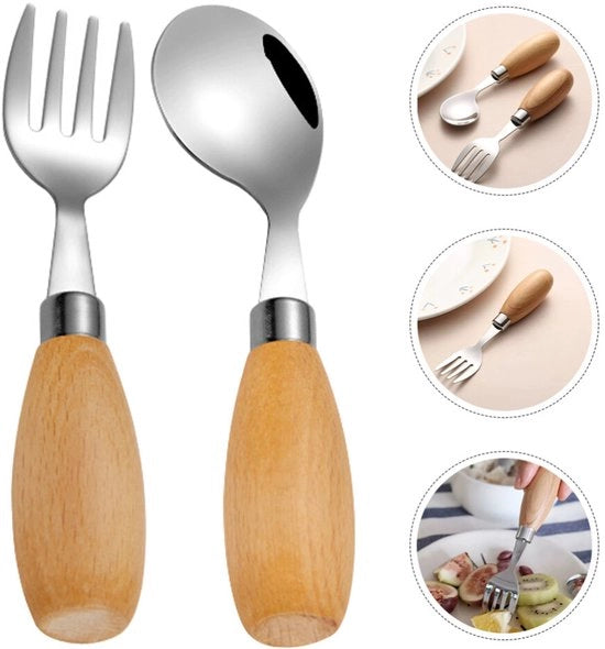 Set di cucito per bambini con manico di legno, forchetta e cucchiaio curvo