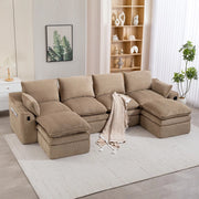 Divano modulare 4 posti con sgabelli - Zephmum- Tessuto cord, cuscini, tasche laterali