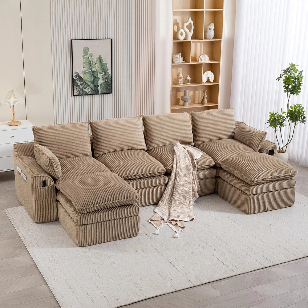 Divano modulare 4 posti con sgabelli - Zephmum- Tessuto cord, cuscini, tasche laterali