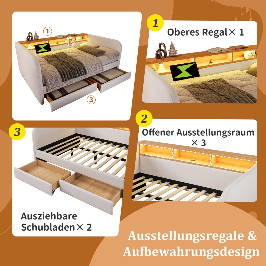 LETTO Imbottito 140x190 cm Beige con LED, USB-C e 2 cassetti