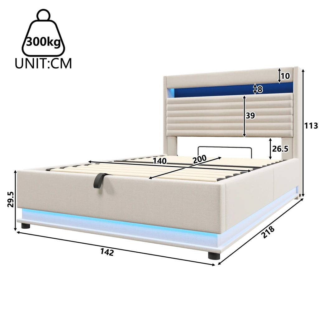 LETTO Contenitore 140x200 cm in lino Beige con LED e USB-C