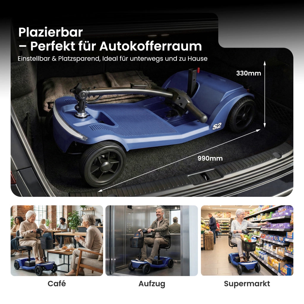 Scooter elettrico a quattro ruote con batteria al piombo rimovibile da 12 Ah; motore da 250 W; blu; portata 150 kg