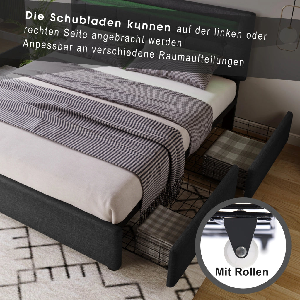 LETTO matrimoniale 140x200 cm in lino grigio con LED e 4 cassetti