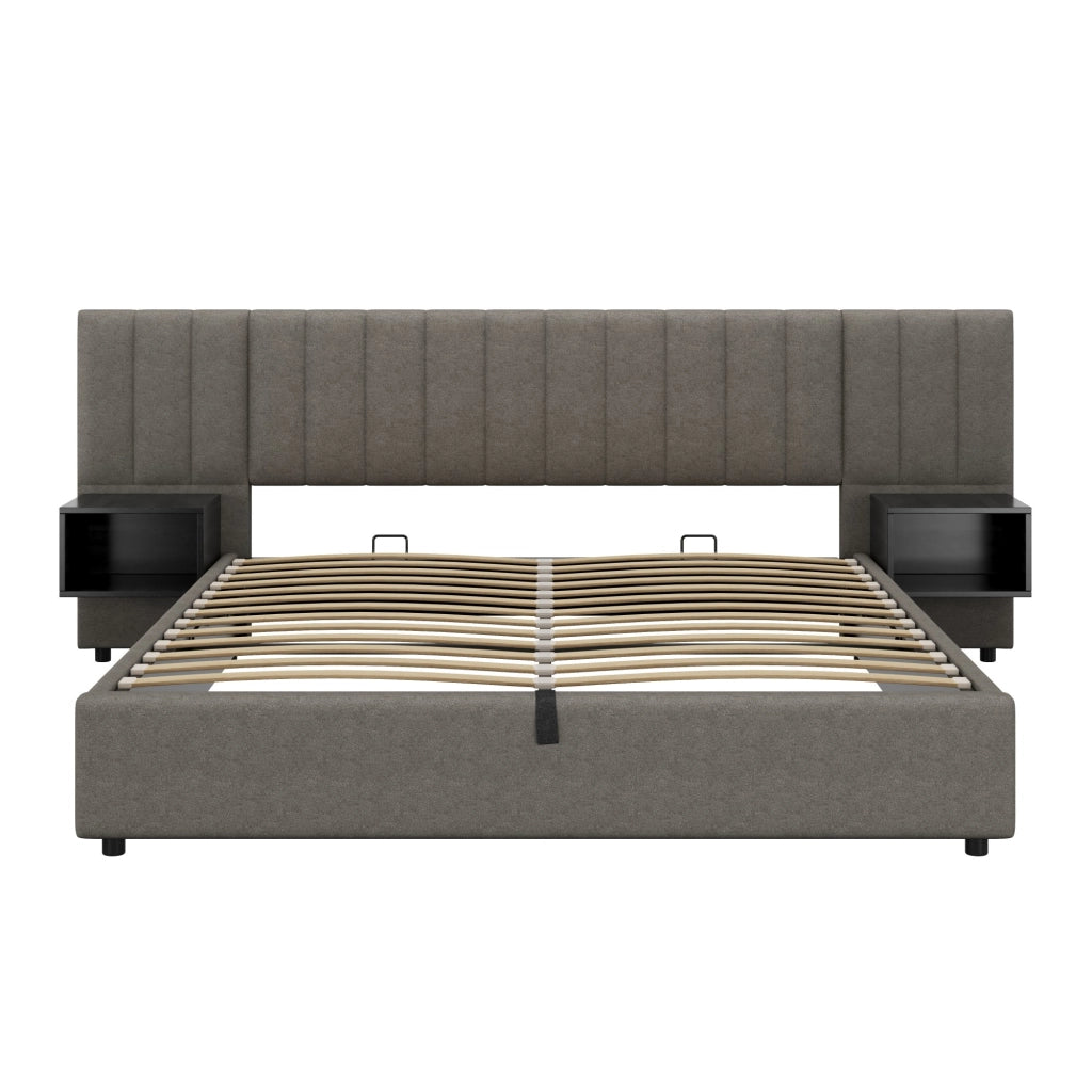 LETTO Contenitore 180x200 cm in lino grigio e nero con 2 comodini