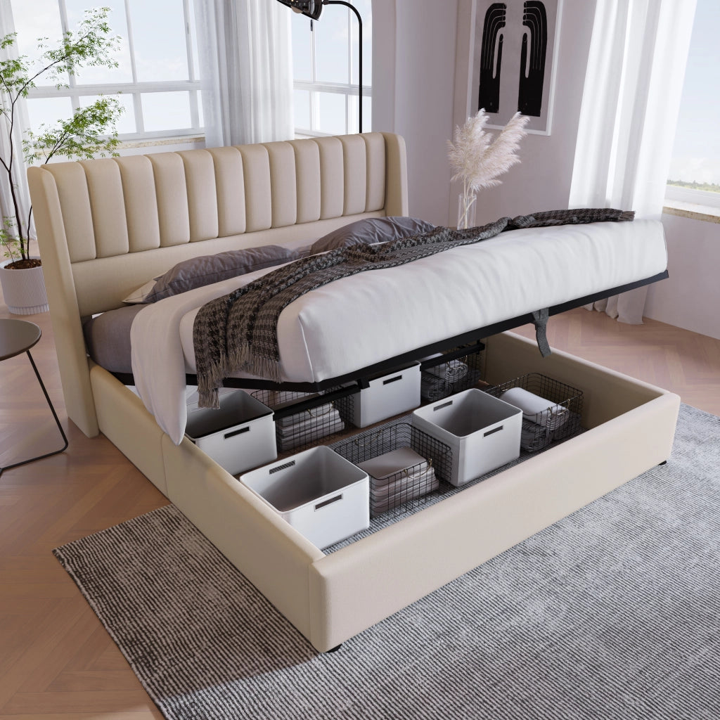 LETTO Contenitore idraulico 160x200 cm Beige in lino