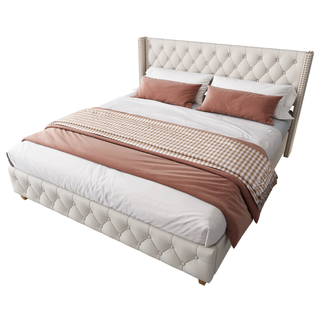 Letto Matrimoniale 160×200 cm Imbottito con Testiera Trapuntata e Borchie; senza Materasso; Beige