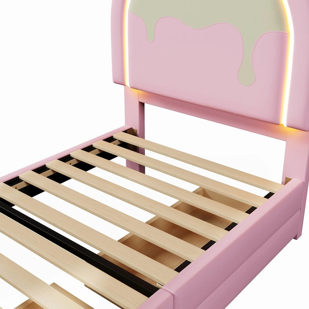 Letto Imbottito Singolo con Cassetti e LED ¨C MINIMAL ¨C Rosa, PU, 90x200
