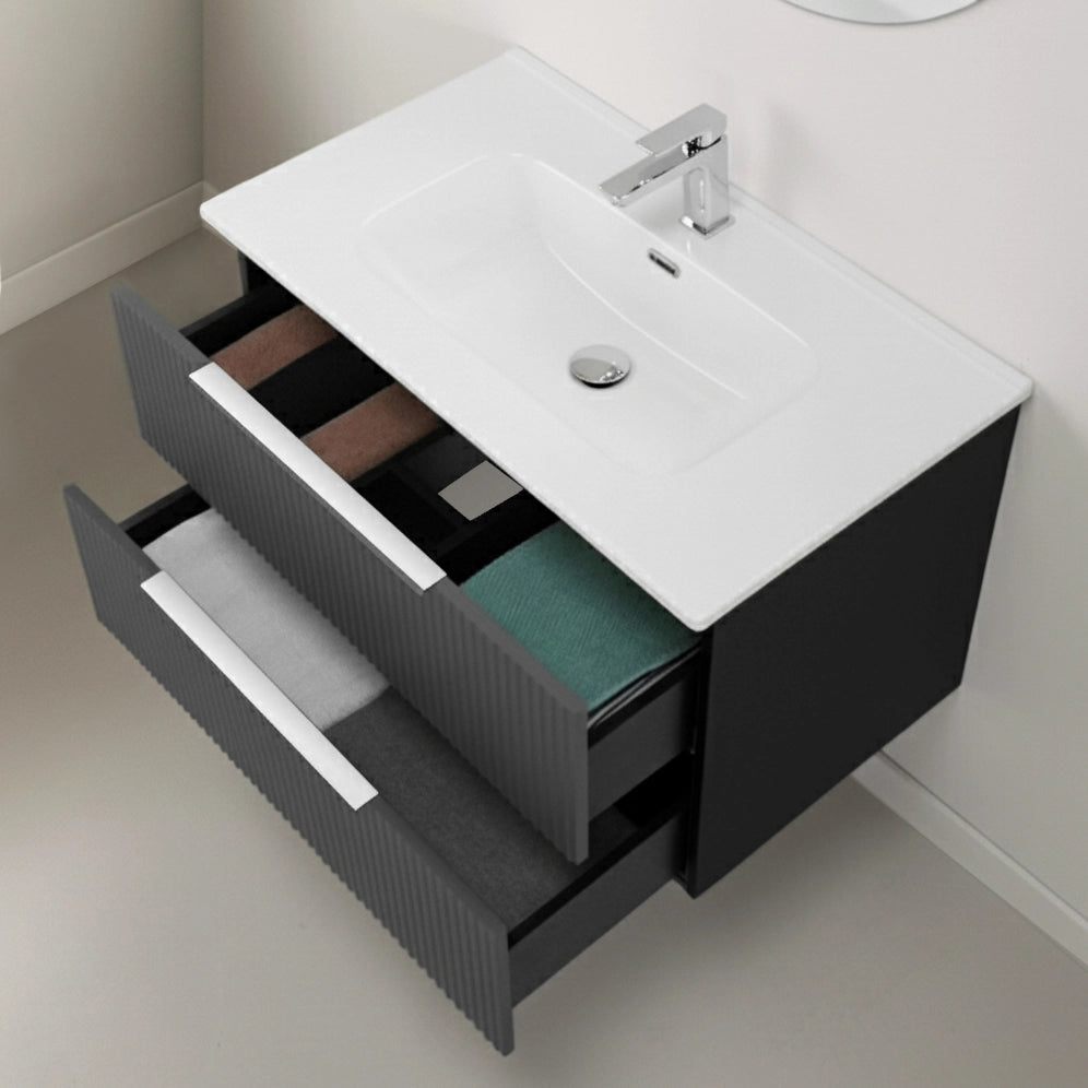 Mobile bagno sospeso 80 cm bicolore grigio cannettato e nero con lavabo  e specchio Zena