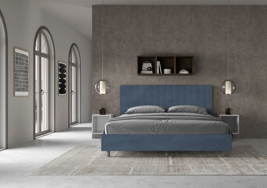 BS COM Letto matrimoniale king size contenitore imbottito 180x210 microfibra blu