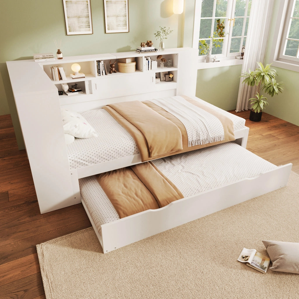 Letto per bambini 90x200 cm con letto estraibile, vani contenitore e USB, bianco