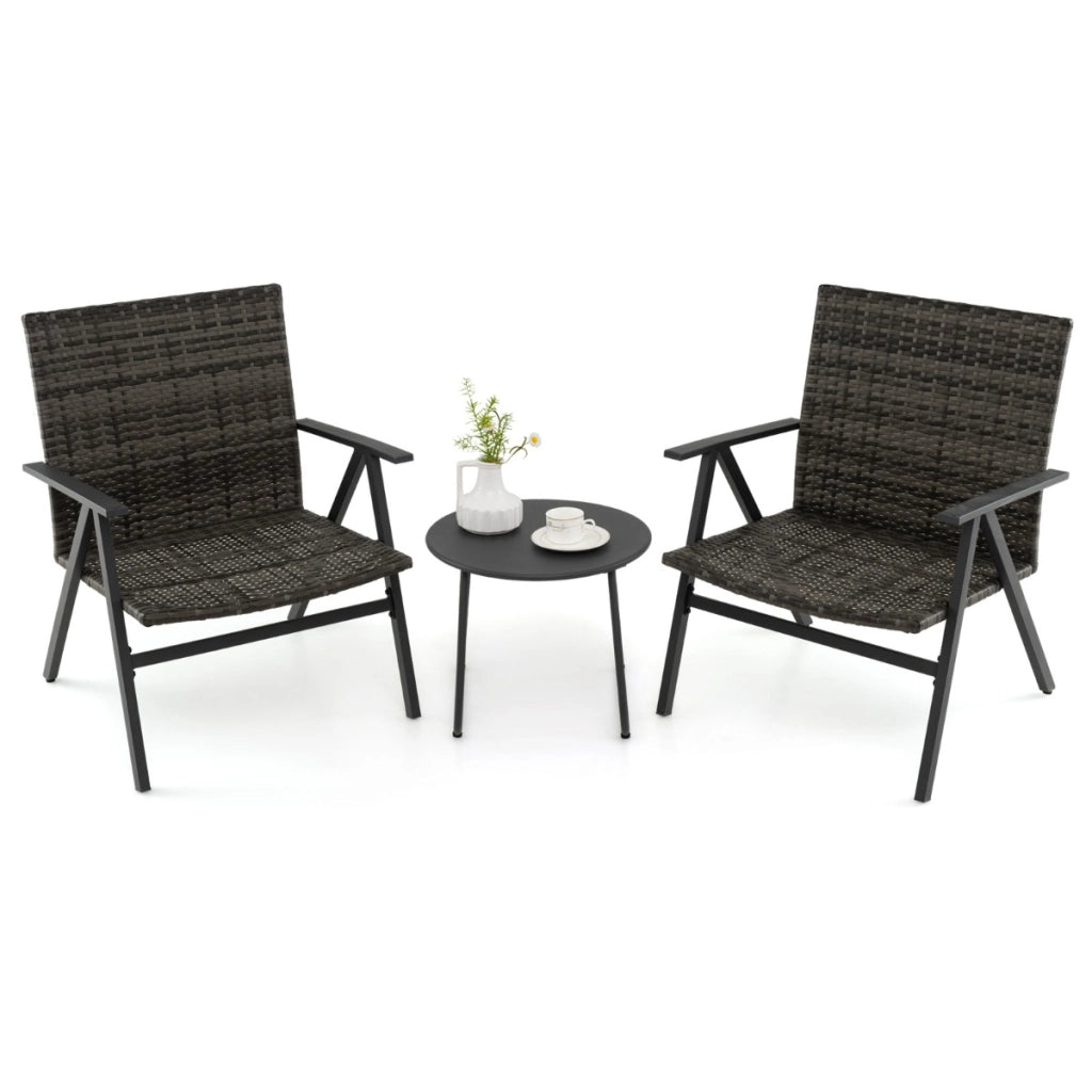 Set bistro da 3 pezzi per patio con schienale e seduta in rattan, Set conversazioni con tavolino rotondo per balcone Grigio