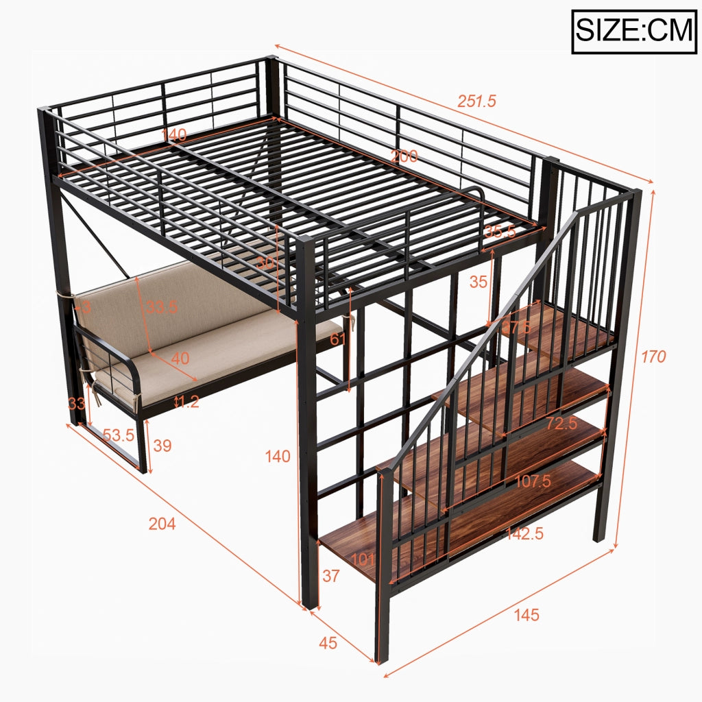 LETTO A CASTELLO 140x200 cm in metallo nero con divano e scala contenitore