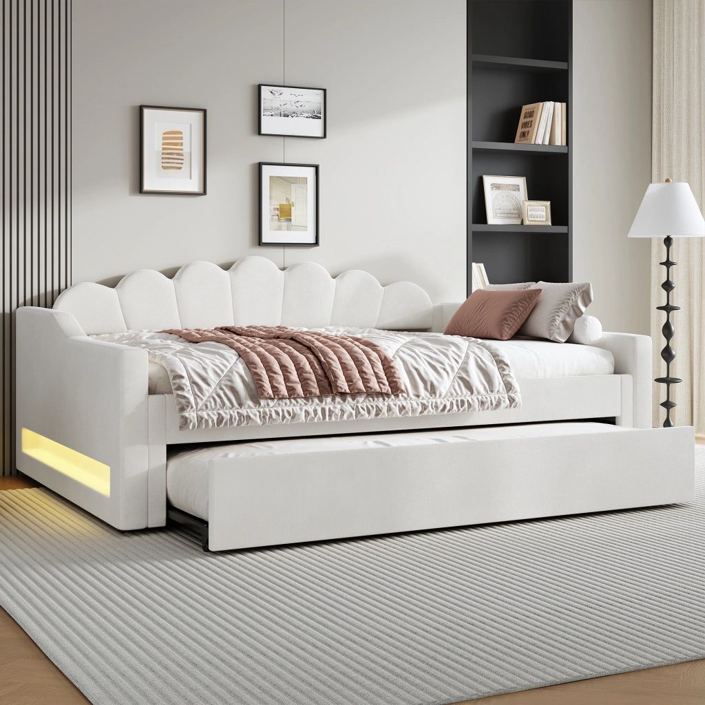 Letto Imbottito con LED e Letto Estraibile ¨C MINIMAL ¨C Beige 140x200
