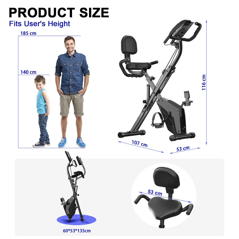 Cyclette pieghevole  con display LCD, cardiofrequenzimetro portatile, sedile e maniglie confortevoli, colore nero