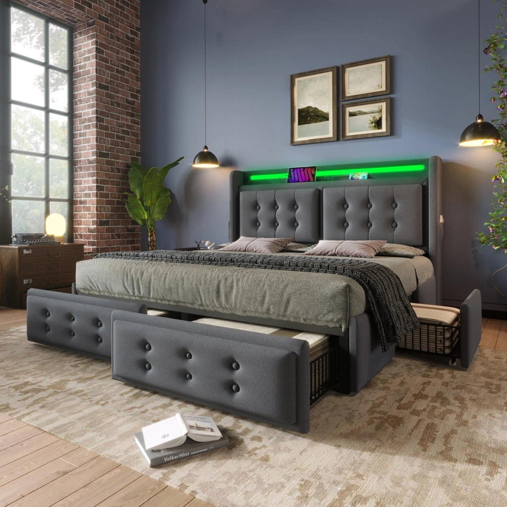 LETTO 160x200 cm con LED, USB/Type-C, 4 cassetti, tessuto grigio