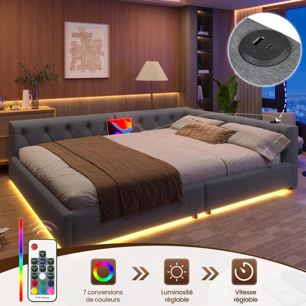 OKWISH Letto Divano 140×200 cm, Letto Matrimoniale con USB, Type C e LED Regolabile, senza Materasso, in Lino, Grigio