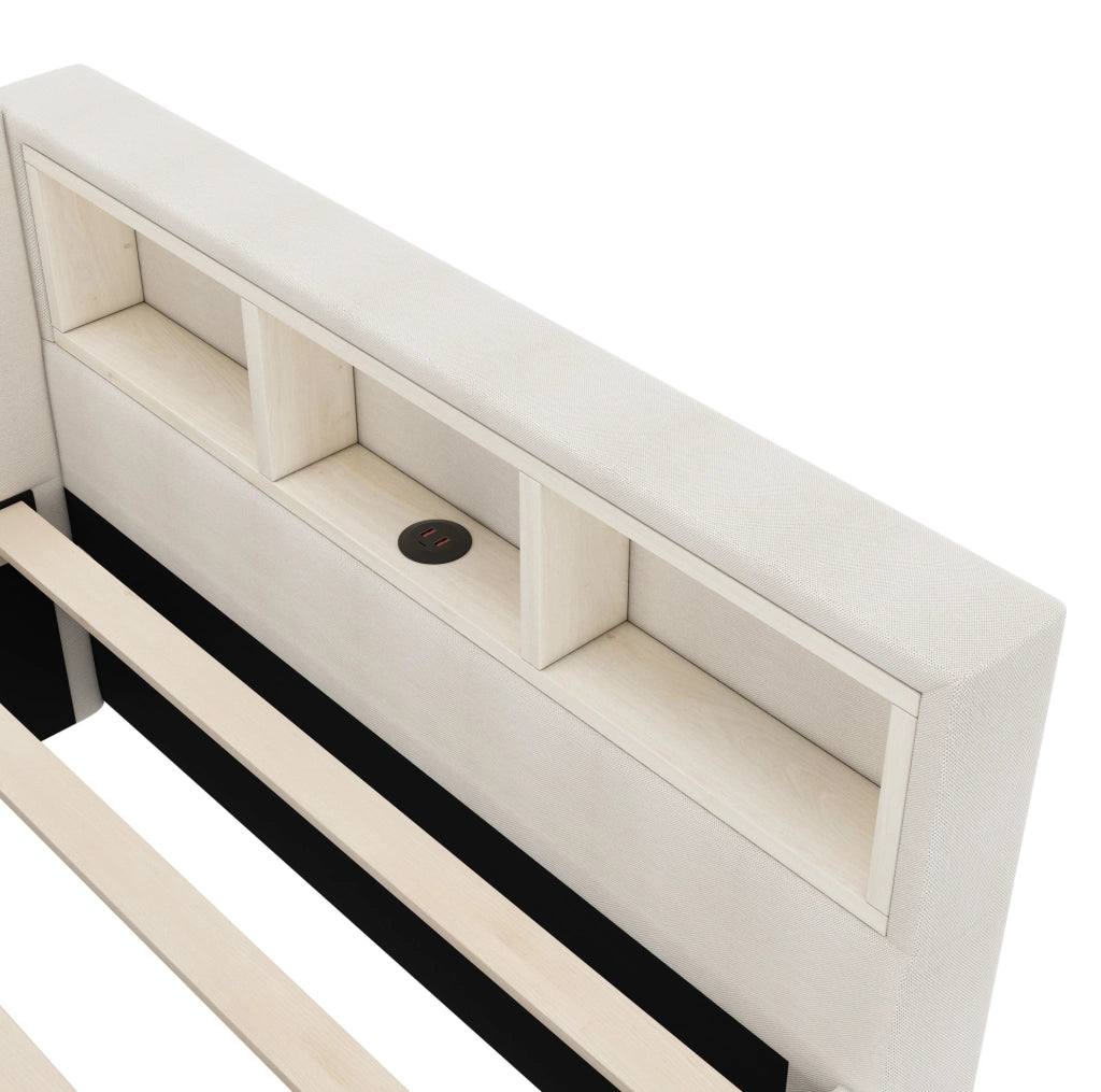 Divano letto 140x200 cm con LED, USB e 2 cassetti, beige