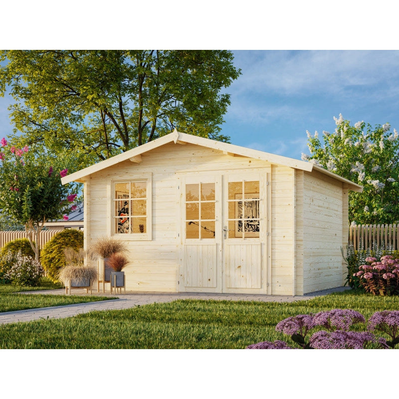 Casetta in legno da giardino Klara 380x320 cm blockhouse spessore 28 mm con porta doppia e finestra