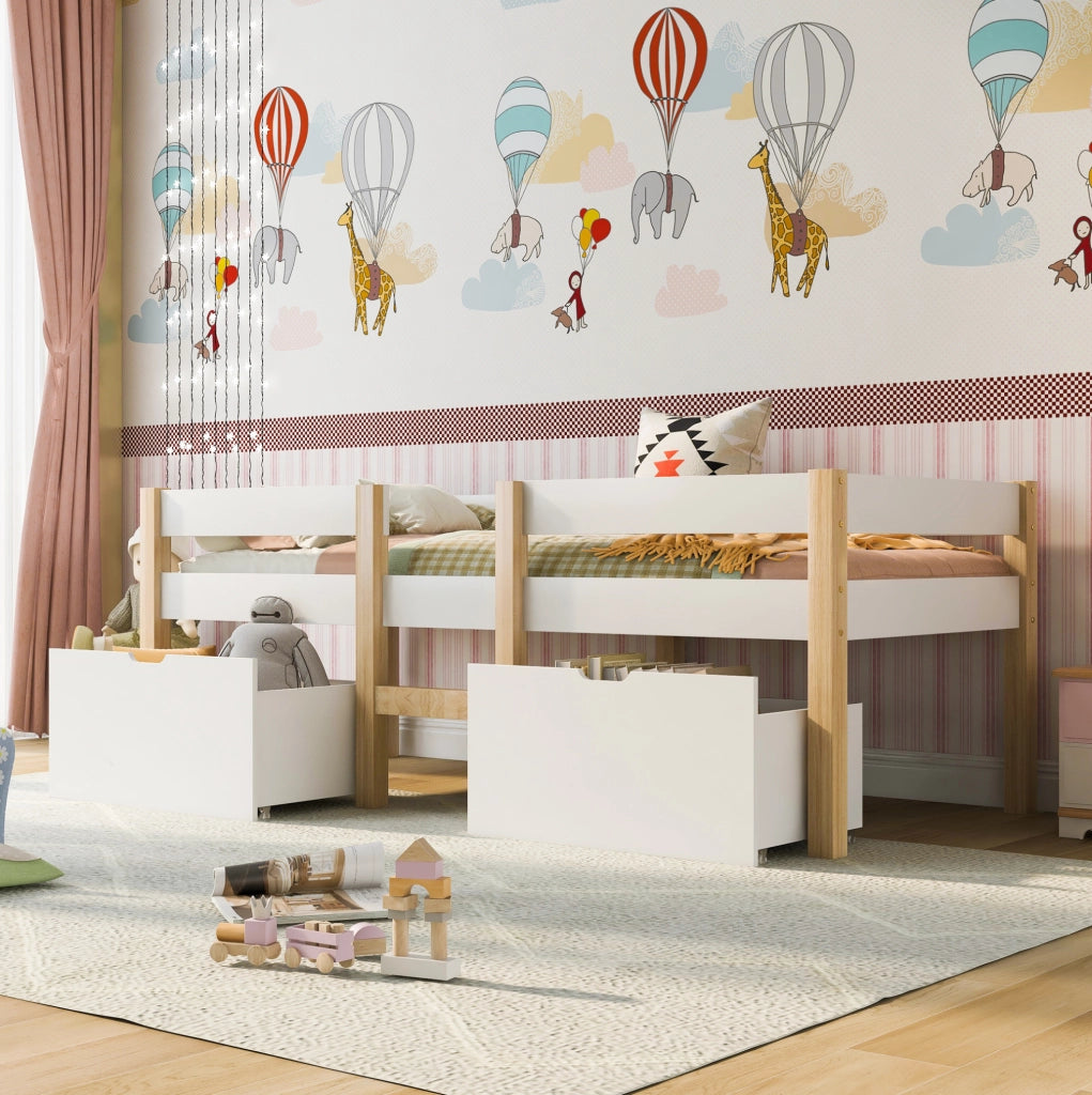 Letto a soppalco basso per bambini con cassetti e protezione anticaduta