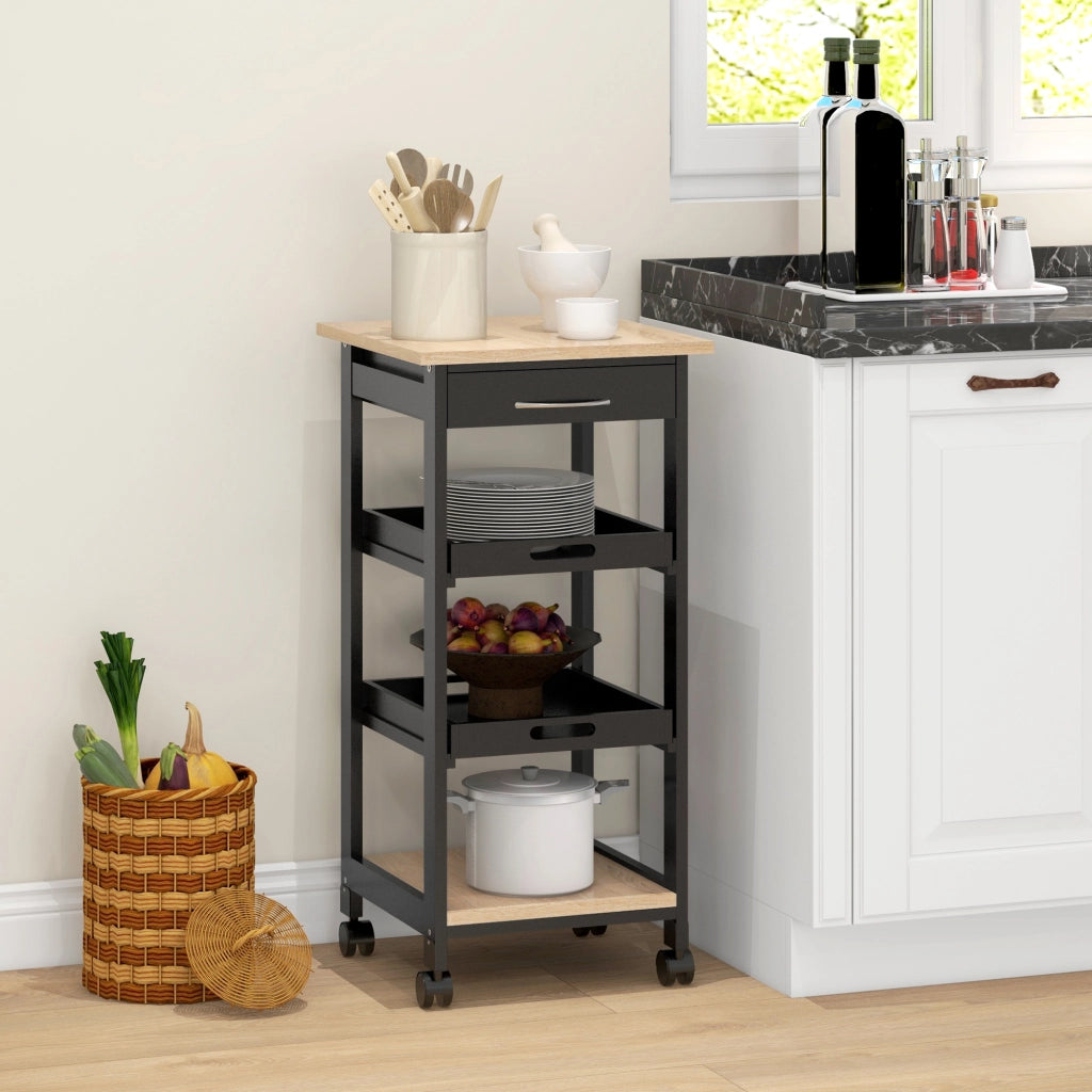 Carrello di servizio per cucina ¨C Minimal ¨C 2 ripiani amovibili, cassetto, scaffale, legno quercia chiaro e nero