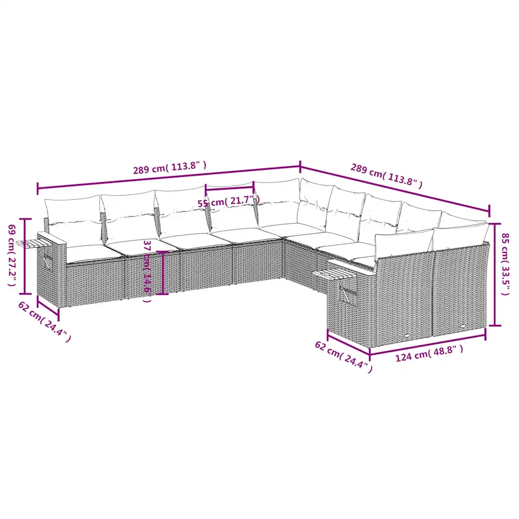 Set Divani da Giardino 10 pz con Cuscini Nero in Polyrattan 3227191