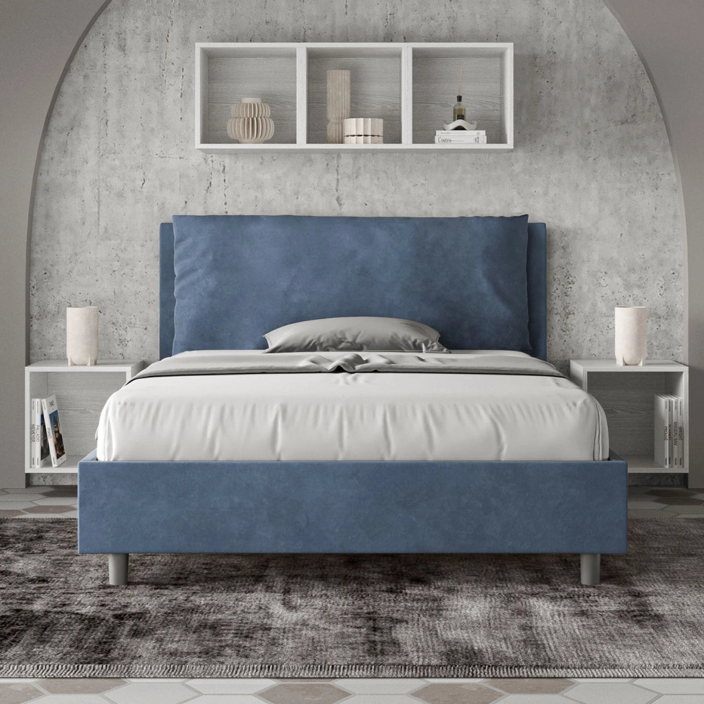 BS COM Letto matrimoniale francese senza rete imbottito 140x190 microfibra blu Large