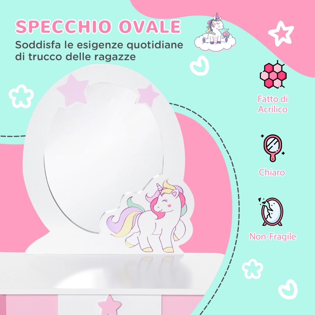 Specchiera Giocattolo con Cassetto e Sgabello Gioco Bambine 3-6 Anni