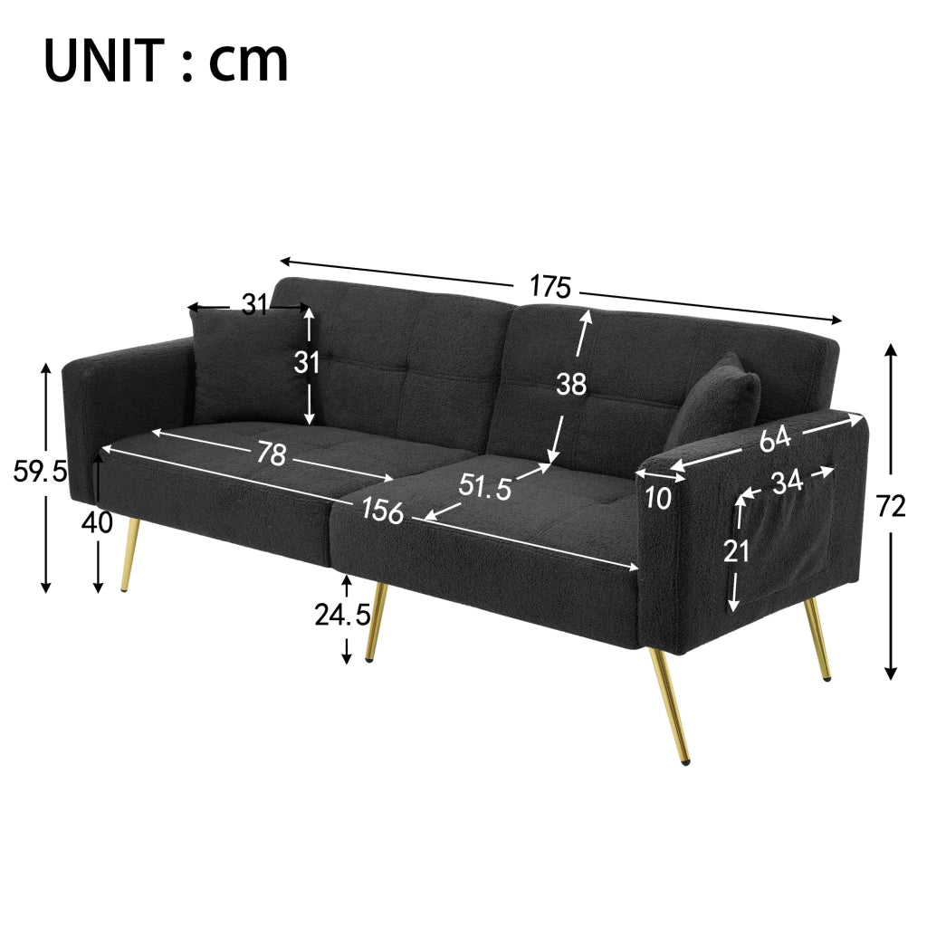 Divano letto con angolo regolabile - Zephmum- Gambe dorate, cuscini e tasche laterali