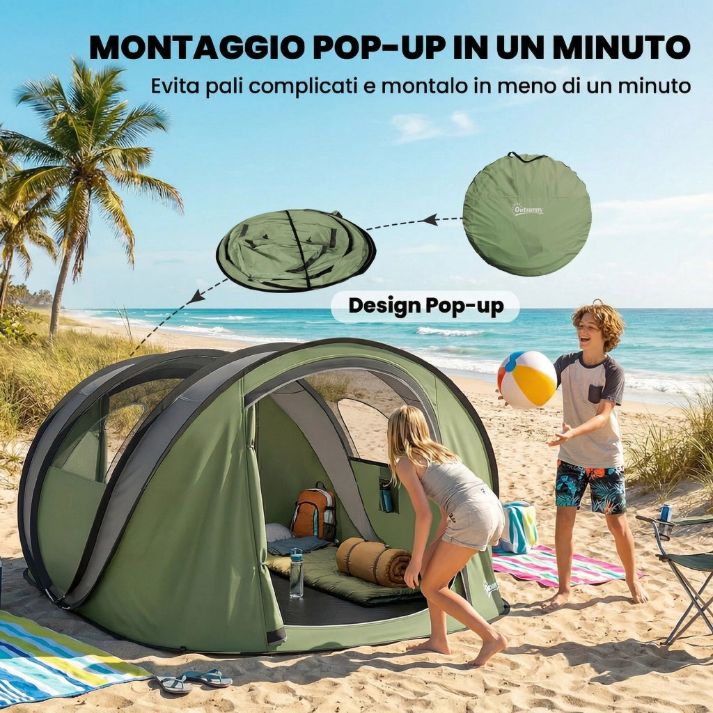 Tenda da Campeggio Pop-Up 4-5 Persone ¨C Minimal ¨C Verde, Impermeabile, 2 Porte, 2 Finestre