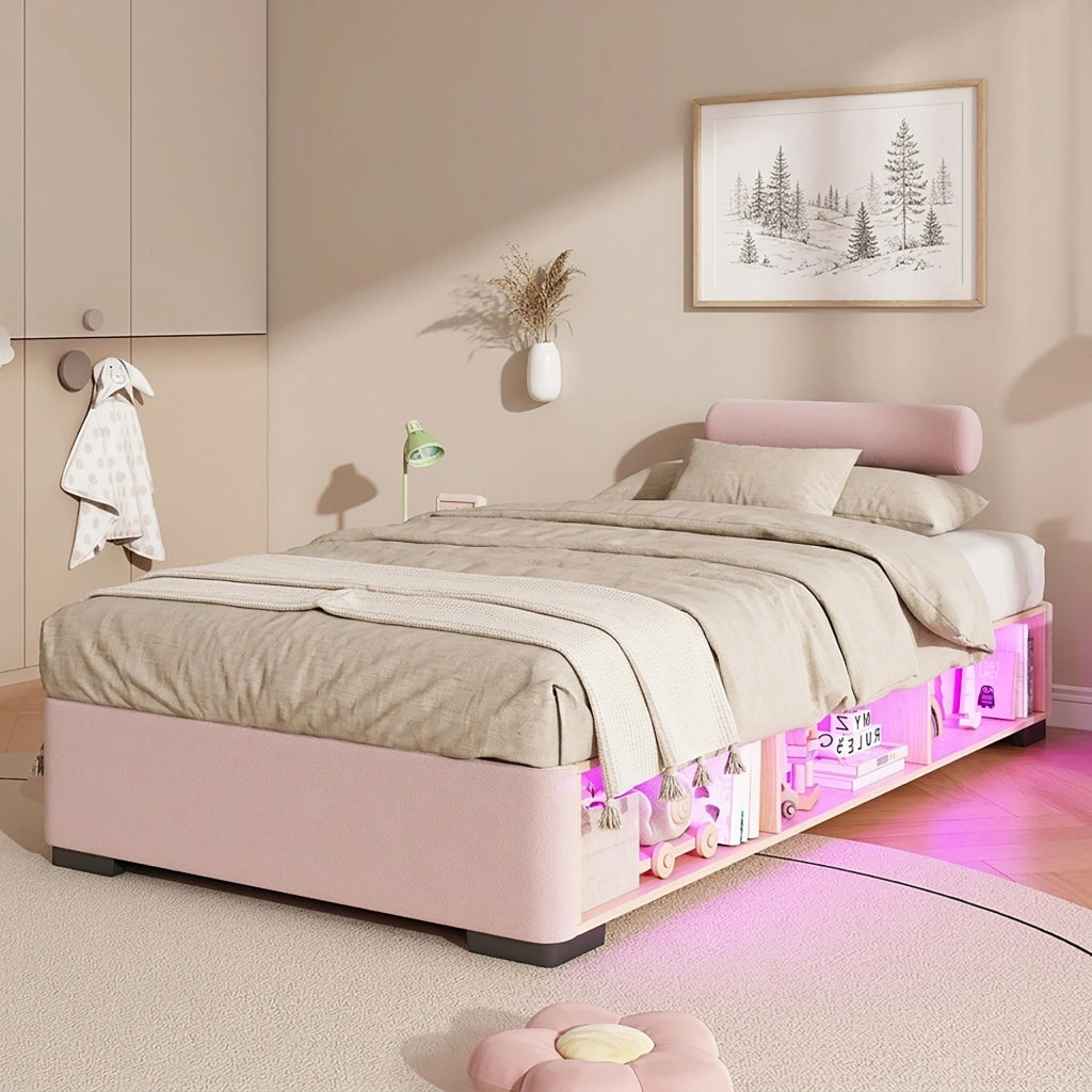 LETTO imbottito Rosa 90x200 cm in velluto con ripiano laterale LED