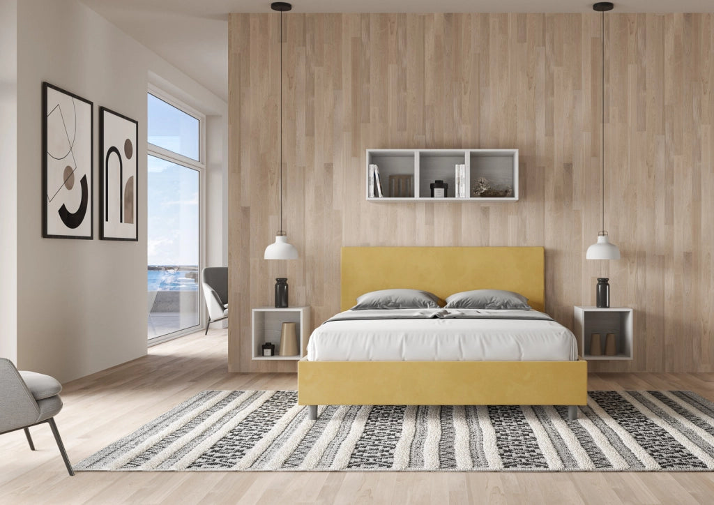 BS COM Letto matrimoniale francese contenitore imbottito 140x210 microfibra ocra