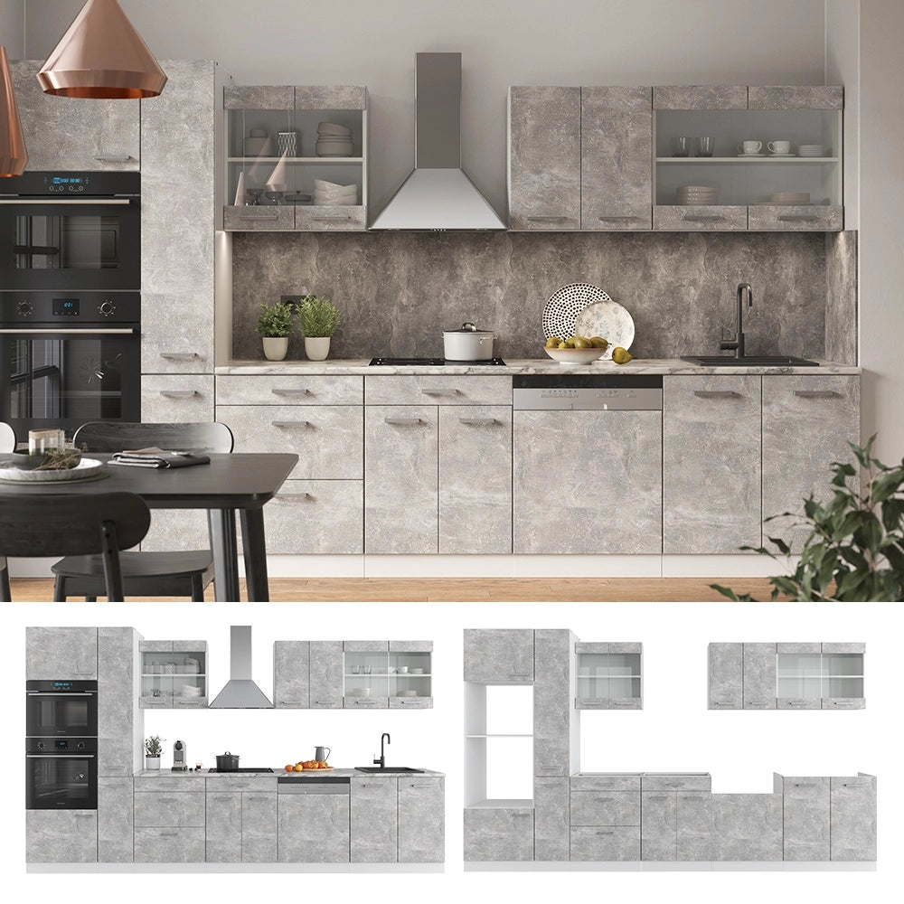 Cucina R-Line Calcestruzzo/Bianco 350 cm con armadio alto, PL Marmo Vicco