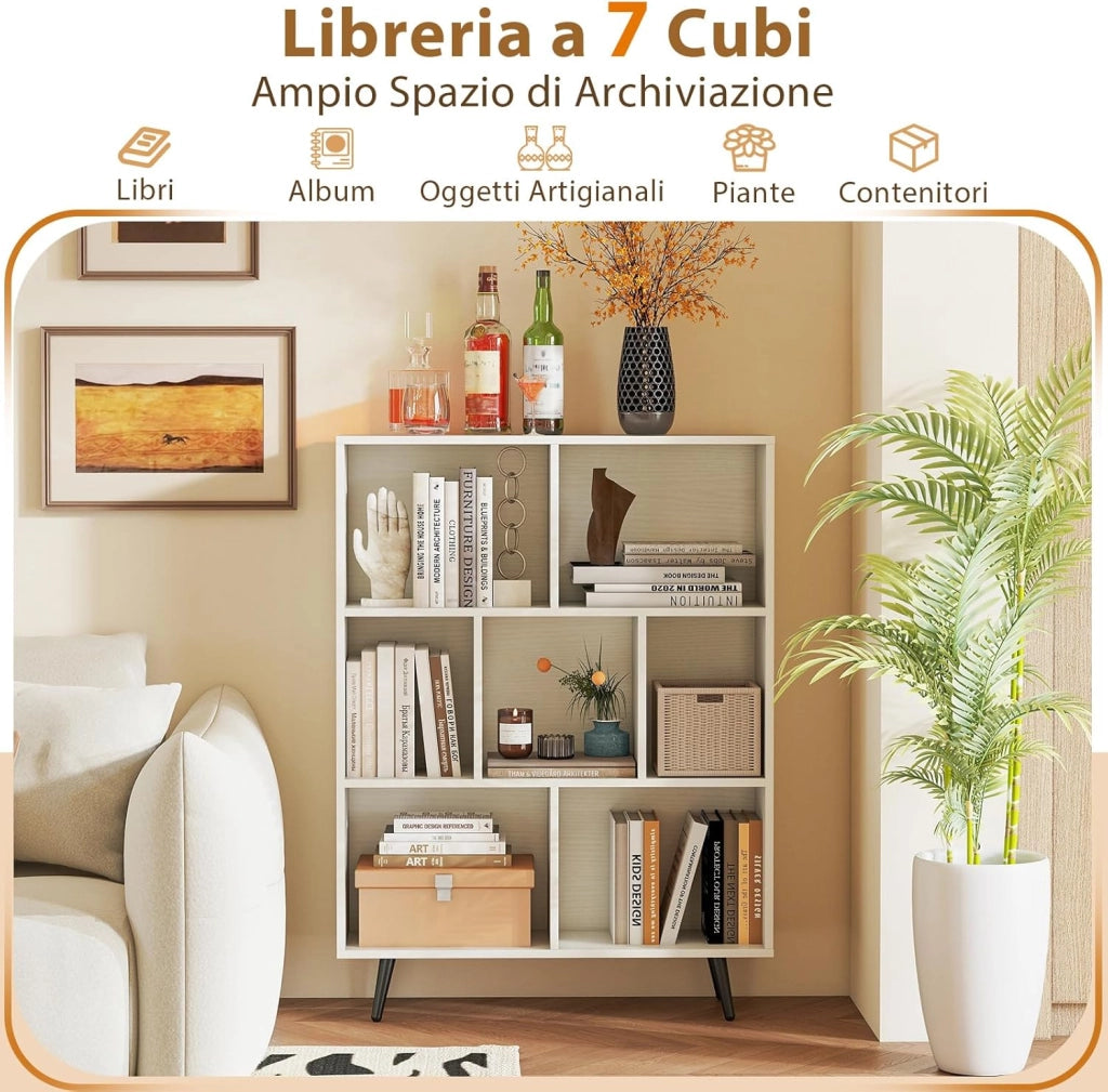 Libreria a 7 Cubi, Organizzatore di Stoccaggio Moderno con 4 Gambe di Metallo, Scaffale per Esposizione con 2 Kit Anti-Ribaltamento per Soggiorno Studio Camera da Letto, Bianco (80x24x107cm)