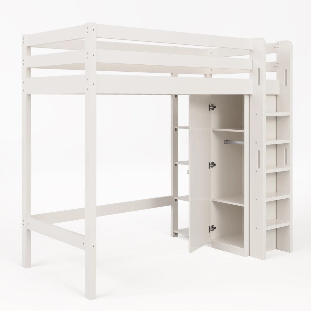 Letto a soppalco per bambini 90x200 cm con armadio e 6 ripiani, bianco