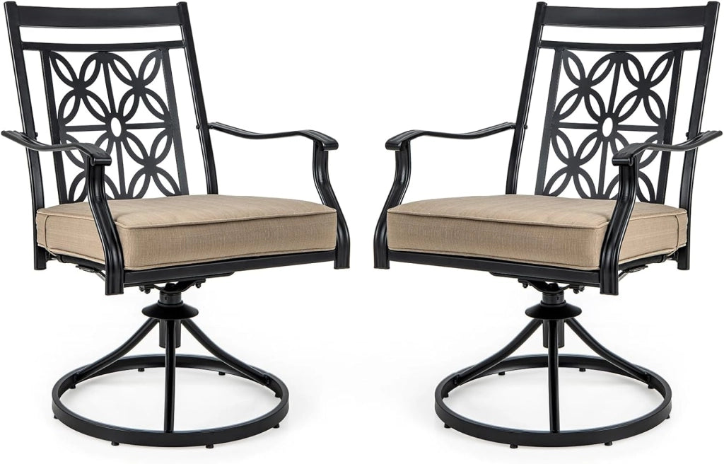 Sedie Girevoli per Giardino, Set di 2 Sedie da Esterno con Telaio in Metallo Resistente, Cuscino Morbido, Schienale a Motivo Floreale, Sedia Girevole per Giardino e Balcone