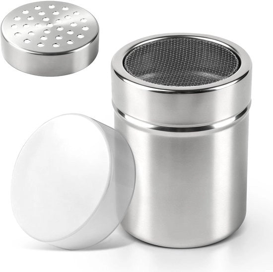 Strumento per lo spolvero di zucchero in polvere - 2-in-1 strumento per lo spolvero di farina - Filtro fine - Coperchio con foro - Strumento per la distribuzione di farina - Per una distribuzione precisa