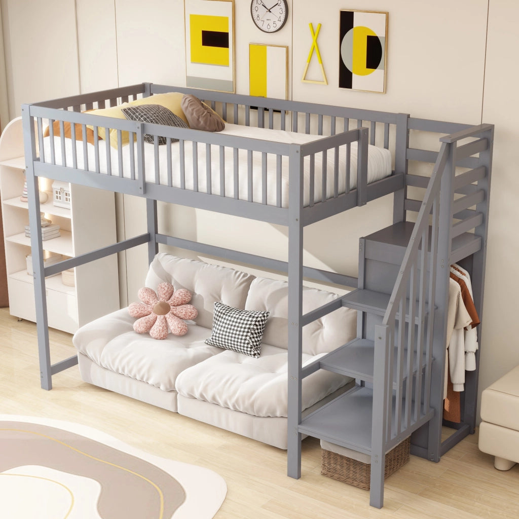 Letto a castello 90x200 - Zephmum - con scala, scaffale e armadio grigio