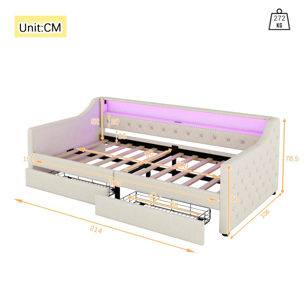 Letto con cassetti 90 × 200 cm con rete a doghe LED USB in lino e MDF beige