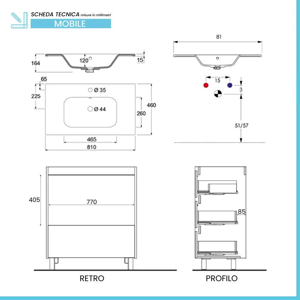 Mobile bagno a terra 80 cm in quercia naturale con lavabo e specchio Leda